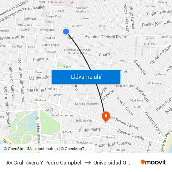 Av Gral Rivera Y Pedro Campbell to Universidad Ort map