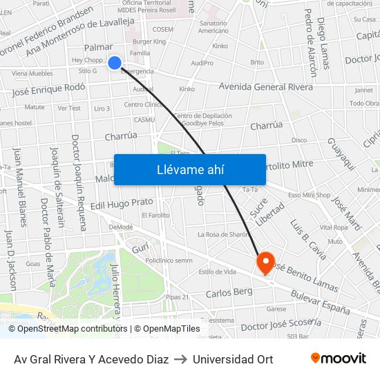 Av Gral Rivera Y Acevedo Diaz to Universidad Ort map