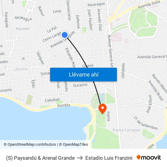 (S) Paysandú & Arenal Grande to Estadio Luis Franzini map