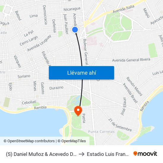 (S) Daniel Muñoz & Acevedo Díaz to Estadio Luis Franzini map