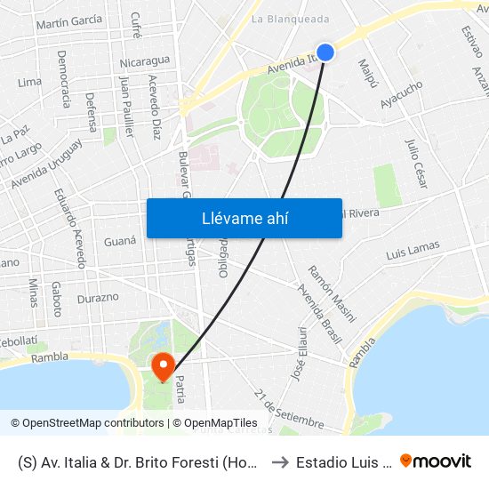 (S) Av. Italia & Dr. Brito Foresti (Hospital De Clinicas) to Estadio Luis Franzini map