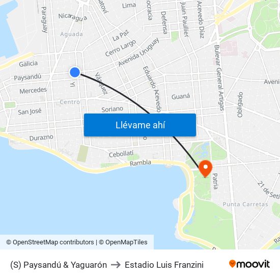 (S) Paysandú & Yaguarón to Estadio Luis Franzini map