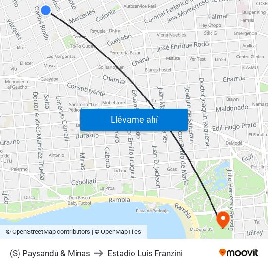 (S) Paysandú & Minas to Estadio Luis Franzini map