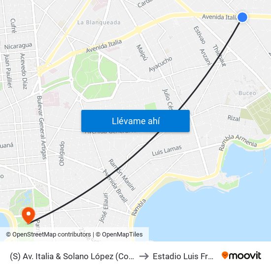 (S) Av. Italia & Solano López (Comercio) to Estadio Luis Franzini map