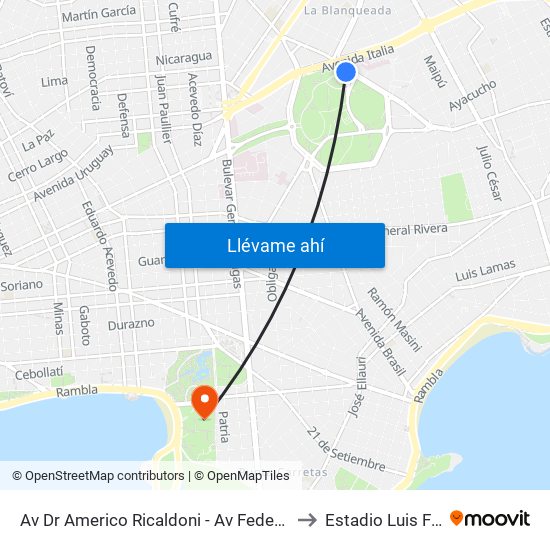 Av Dr Americo Ricaldoni - Av Federico R Vidiella to Estadio Luis Franzini map