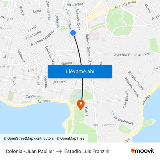 Colonia - Juan Paullier to Estadio Luis Franzini map