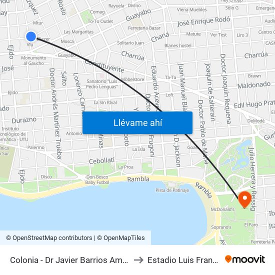 Colonia - Dr Javier Barrios Amorin to Estadio Luis Franzini map