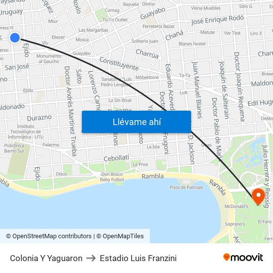 Colonia Y Yaguaron to Estadio Luis Franzini map