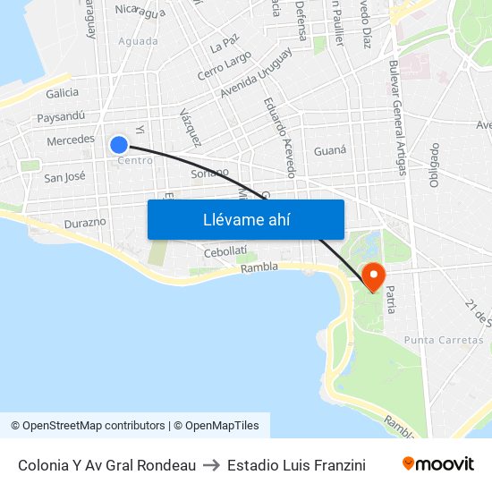 Colonia Y Av Gral Rondeau to Estadio Luis Franzini map