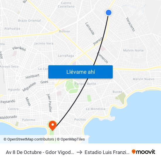 Av 8 De Octubre - Gdor Vigodet to Estadio Luis Franzini map