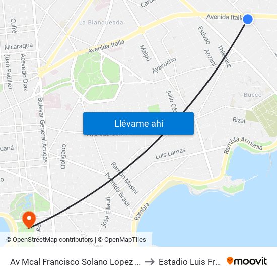 Av Mcal Francisco Solano Lopez - Av Italia to Estadio Luis Franzini map