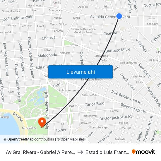 Av Gral Rivera - Gabriel A Pereira to Estadio Luis Franzini map