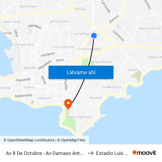 Av 8 De Octubre - Av Damaso Antonio Larrañaga to Estadio Luis Franzini map