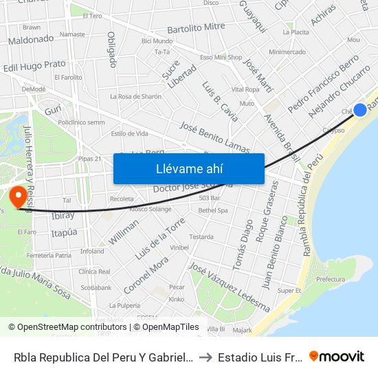 Rbla Republica Del Peru Y Gabriel A Pereira to Estadio Luis Franzini map
