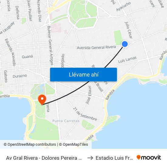 Av Gral Rivera - Dolores Pereira De Rossell to Estadio Luis Franzini map