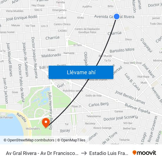Av Gral Rivera - Av Dr Francisco Soca to Estadio Luis Franzini map