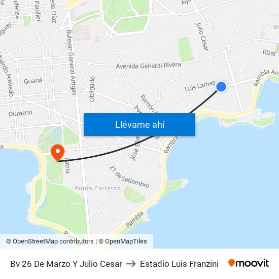 Bv 26 De Marzo Y Julio Cesar to Estadio Luis Franzini map