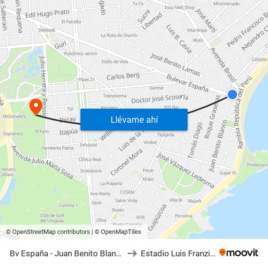 Bv España - Juan Benito Blanco to Estadio Luis Franzini map