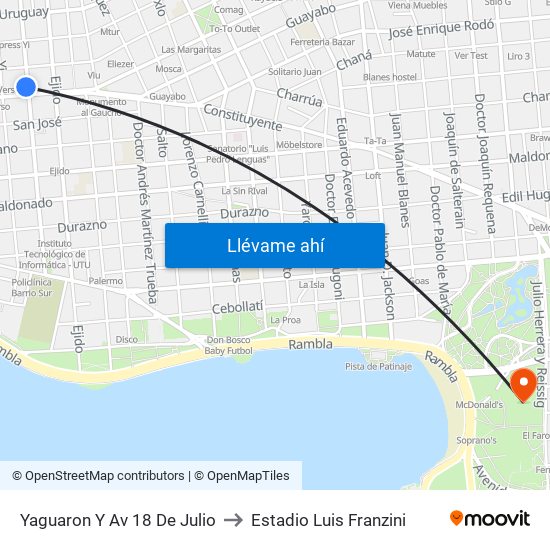 Yaguaron Y Av 18 De Julio to Estadio Luis Franzini map