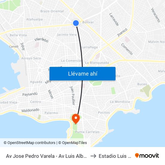 Av Jose Pedro Varela - Av Luis Alberto De Herrera to Estadio Luis Franzini map