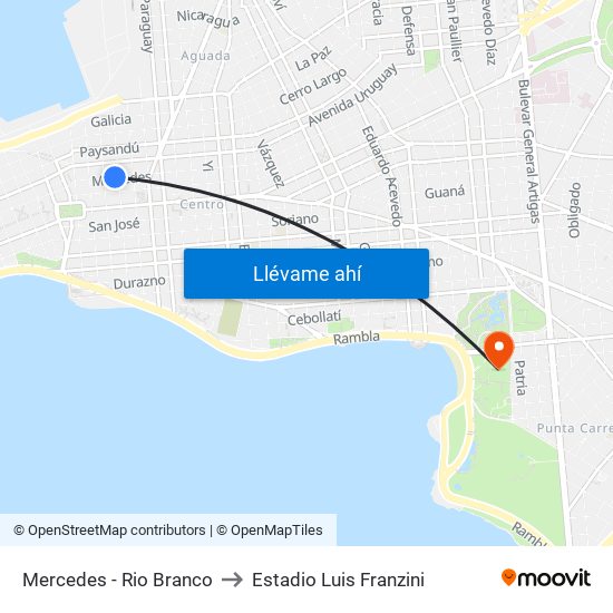 Mercedes - Rio Branco to Estadio Luis Franzini map