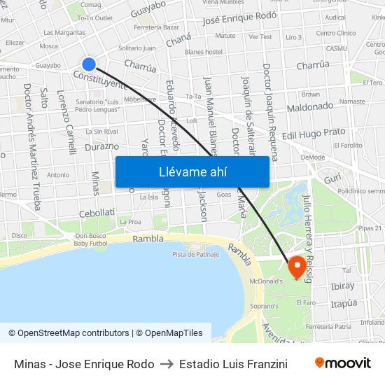 Minas - Jose Enrique Rodo to Estadio Luis Franzini map