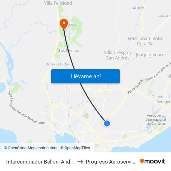 Intercambiador Belloni Andén 4 to Progreso Aeroservicios map