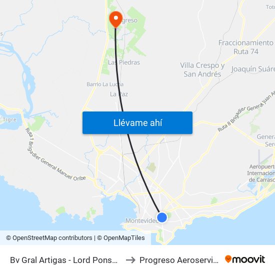 Bv Gral Artigas - Lord Ponsomby to Progreso Aeroservicios map