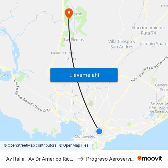 Av Italia - Av Dr Americo Ricaldoni to Progreso Aeroservicios map