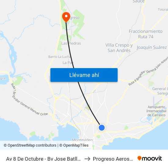 Av 8 De Octubre - Bv Jose Batlle Y Ordoñez to Progreso Aeroservicios map