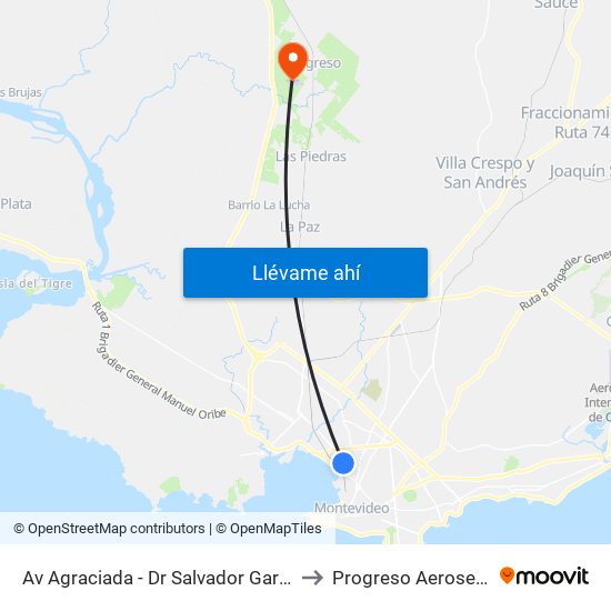 Av Agraciada - Dr Salvador Garcia Pintos to Progreso Aeroservicios map