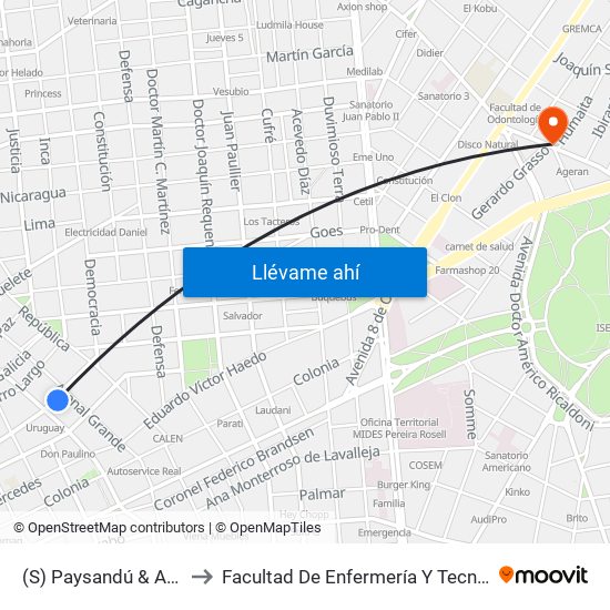 (S) Paysandú & Arenal Grande to Facultad De Enfermería Y Tecnologías De La Salud map