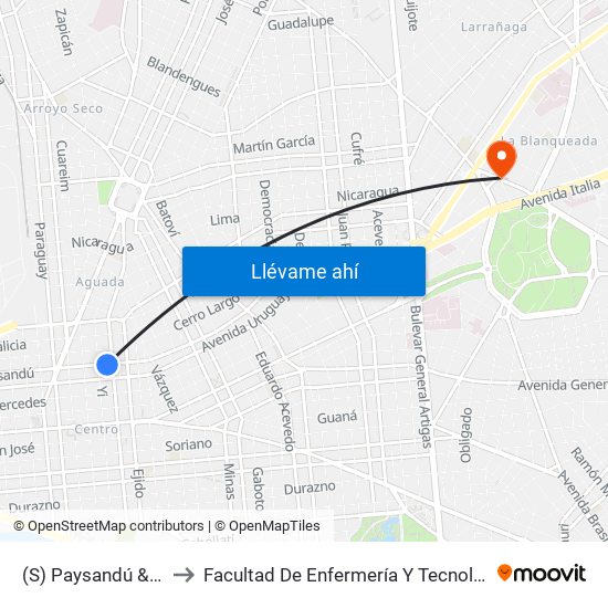 (S) Paysandú & Yaguarón to Facultad De Enfermería Y Tecnologías De La Salud map