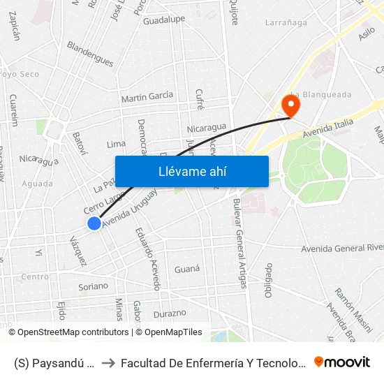 (S) Paysandú & Minas to Facultad De Enfermería Y Tecnologías De La Salud map