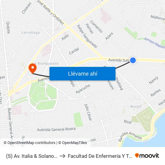 (S) Av. Italia & Solano López (Comercio) to Facultad De Enfermería Y Tecnologías De La Salud map