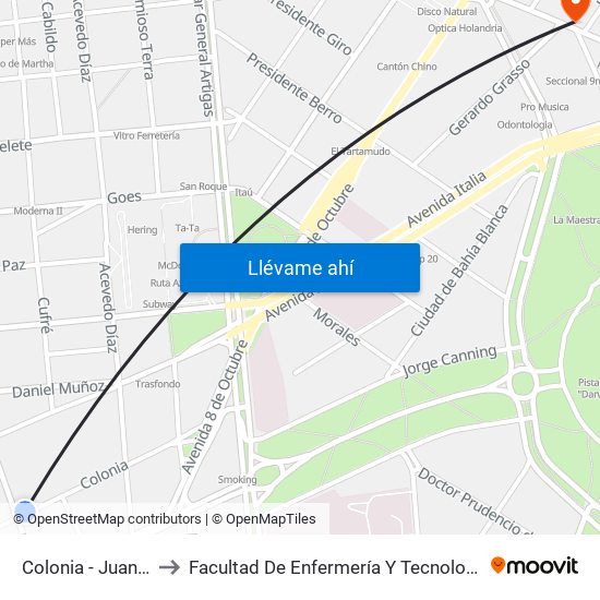 Colonia - Juan Paullier to Facultad De Enfermería Y Tecnologías De La Salud map