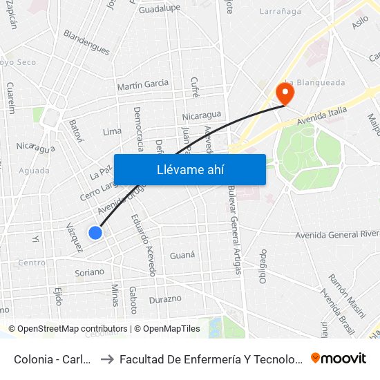 Colonia - Carlos Roxlo to Facultad De Enfermería Y Tecnologías De La Salud map