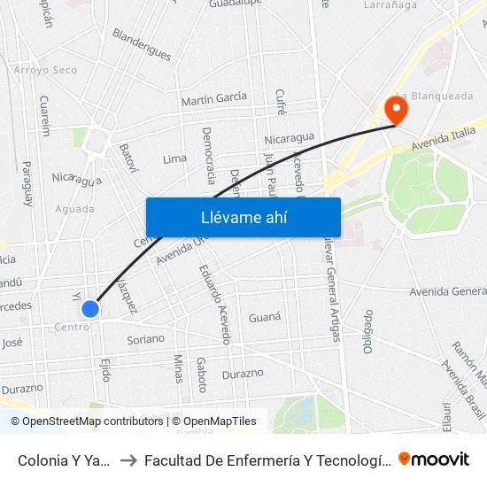 Colonia Y Yaguaron to Facultad De Enfermería Y Tecnologías De La Salud map