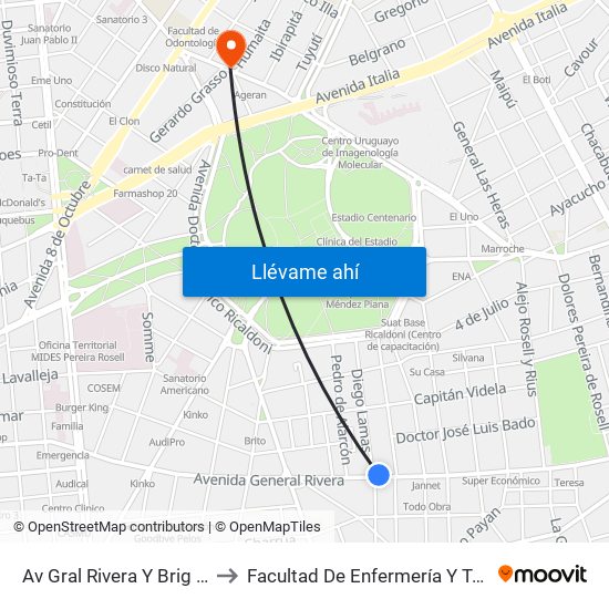 Av Gral Rivera Y Brig Gral Diego Lamas to Facultad De Enfermería Y Tecnologías De La Salud map