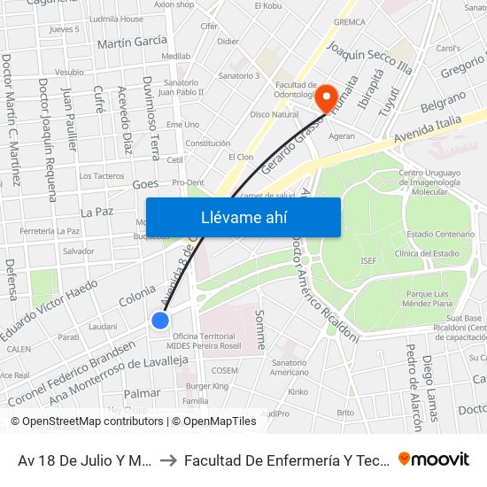 Av 18 De Julio Y Mario Cassinoni to Facultad De Enfermería Y Tecnologías De La Salud map