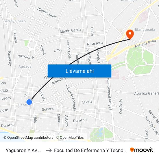 Yaguaron Y Av 18 De Julio to Facultad De Enfermería Y Tecnologías De La Salud map