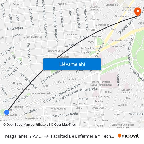 Magallanes Y Av 18 De Julio to Facultad De Enfermería Y Tecnologías De La Salud map