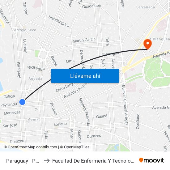 Paraguay - Paysandu to Facultad De Enfermería Y Tecnologías De La Salud map