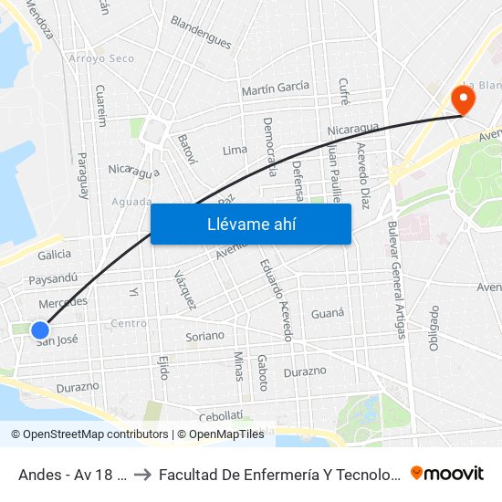 Andes - Av 18 De Julio to Facultad De Enfermería Y Tecnologías De La Salud map