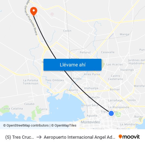 (S) Tres Cruces to Aeropuerto Internacional Angel Adami map