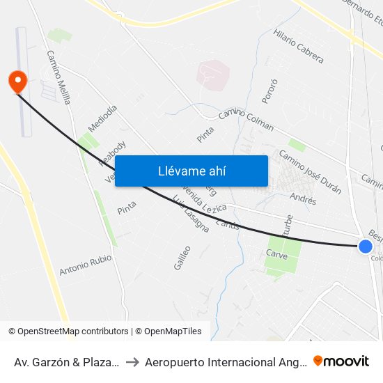 Av. Garzón & Plaza Colón to Aeropuerto Internacional Angel Adami map