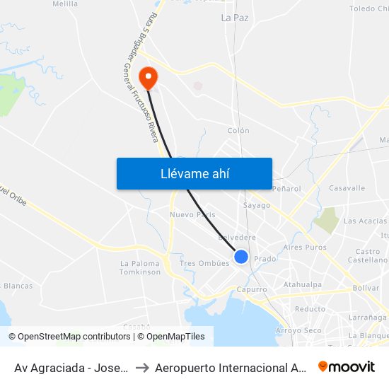 Av Agraciada - Jose B Freire to Aeropuerto Internacional Angel Adami map