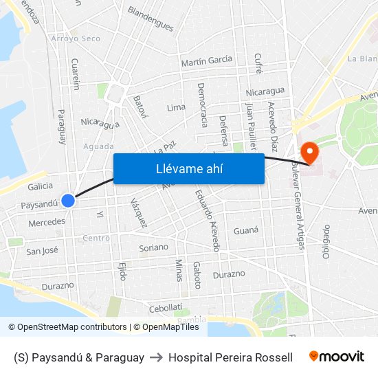 (S) Paysandú & Paraguay to Hospital Pereira Rossell map