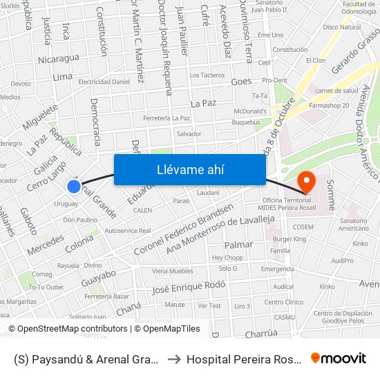 (S) Paysandú & Arenal Grande to Hospital Pereira Rossell map