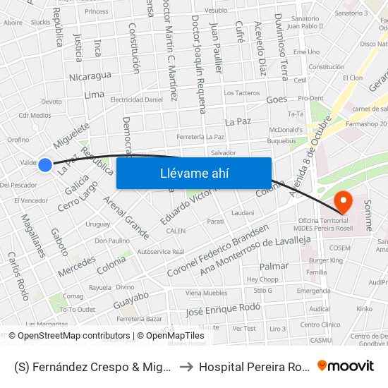 (S) Fernández Crespo & Miguelete to Hospital Pereira Rossell map